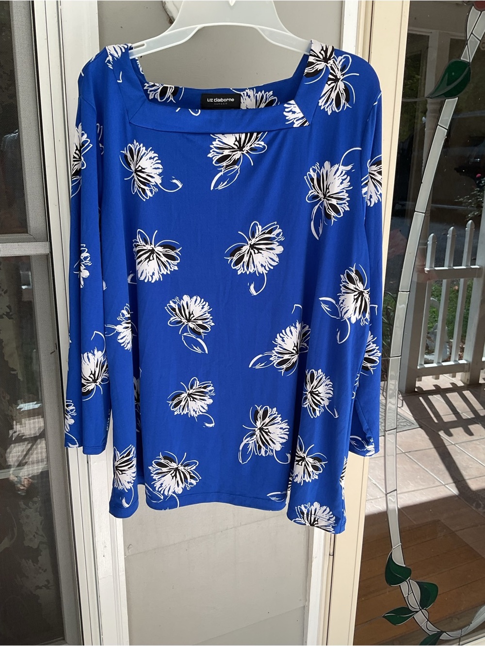 Liz Claiborne Blouse Tunic Blue Bold Floral Size XXL Square Neck Career EUC